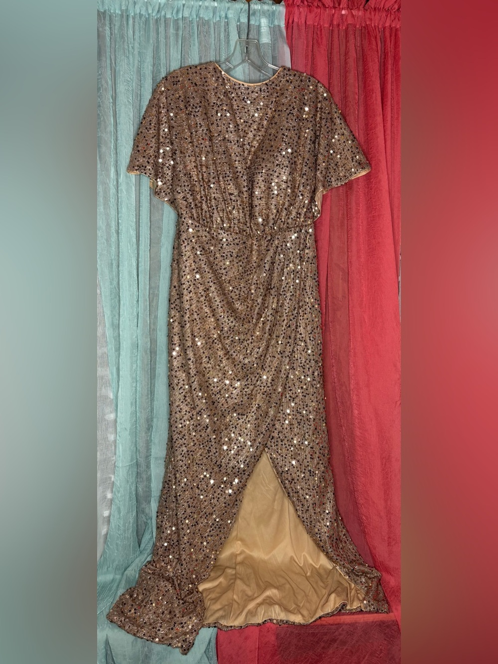 Gold Sequin Draped Prom Gown
